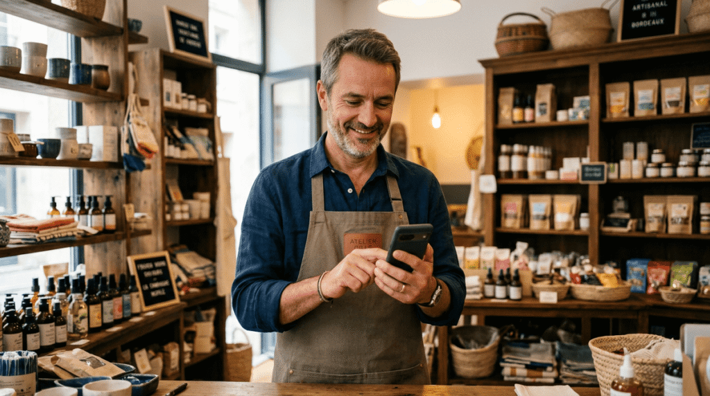 Commerçant souriant utilisant smartphone dans boutique artisanale - Suivi campagne netlinking