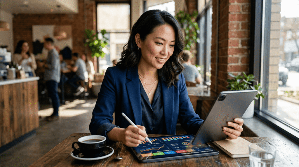 Femme travaillant sur tablette dans un café - Projet Netlinking