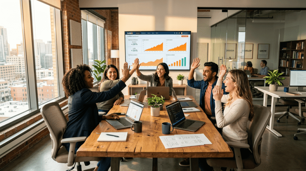 Équipe en réunion célébrant des résultats SEO positifs